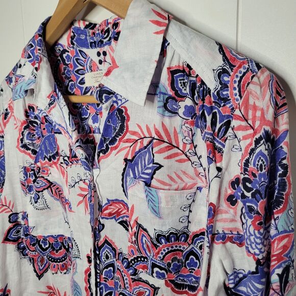 Charter Club Linen Top Womens Size Medium Floral Button Up Long Sleeve - Picture 3 of 6